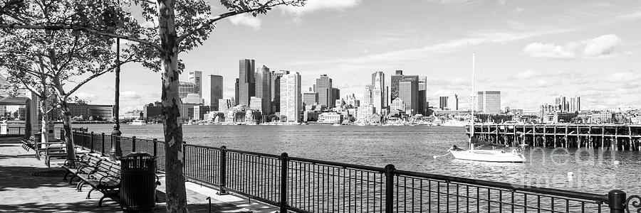 Boston Skyline from Piers Park Black and White Panoramic Photo Photograph by Paul Velgos