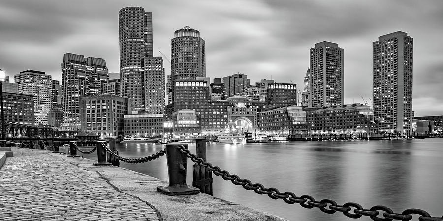 Boston Skyline Photograph - Boston Skyline From The Harborwalk Waterfront - Black and White Panorama by Gregory Ballos