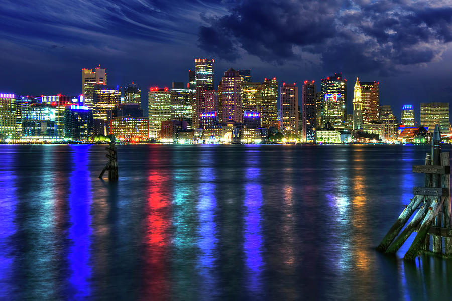 Boston Skyline Harborside At Night Photograph