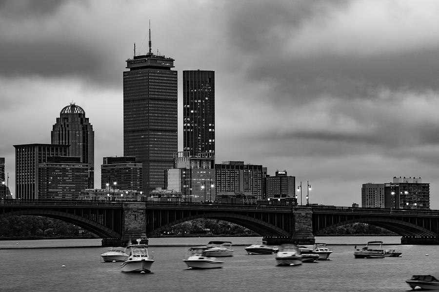 Boston Skyline Over The Longfellow Bridge and Charles River - Black and White Photograph by Gregory Ballos