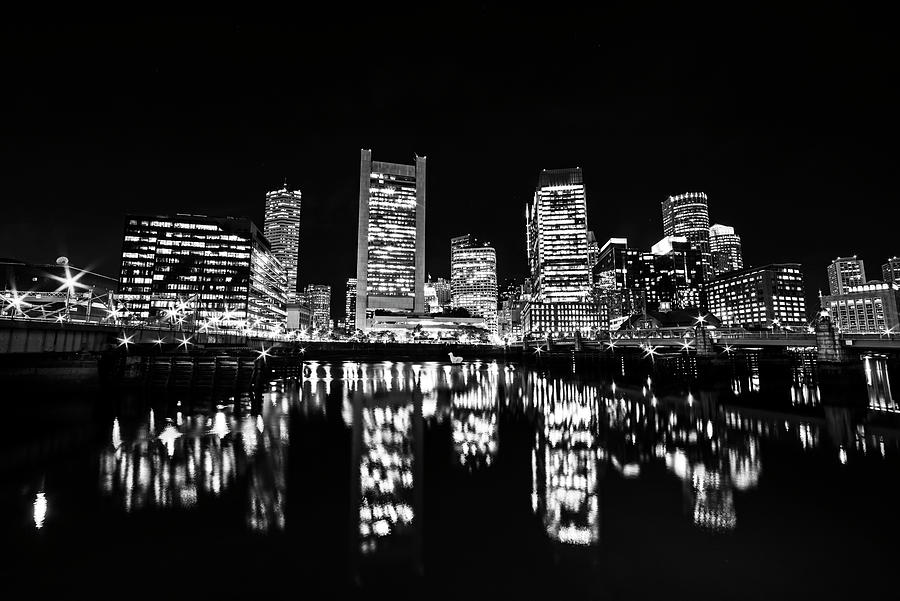 Boston Skyline Reflection Seaport Boston MA Black and White Photograph by Toby McGuire