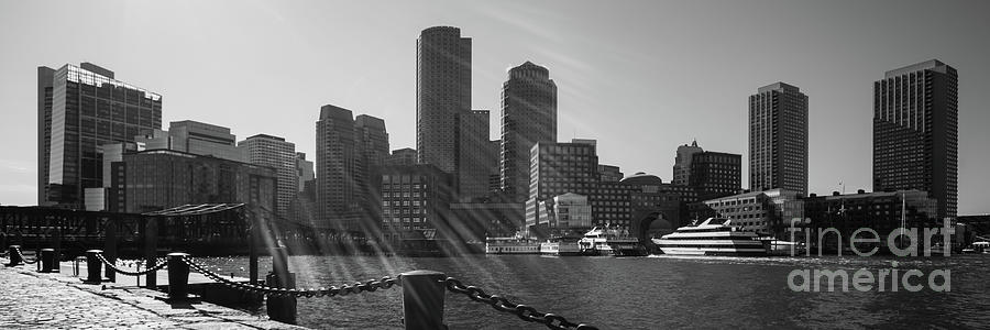 Boston Skyline Sunbeam Black and White Panoramic Photo Photograph by Paul Velgos