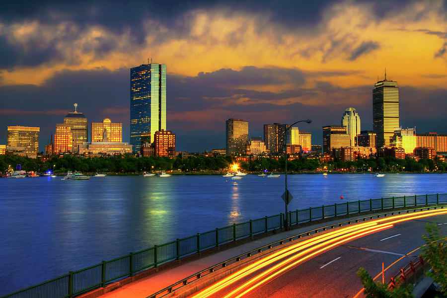 Boston Skyline Sunset over Back Bay and the Charles River Photograph by Joann Vitali