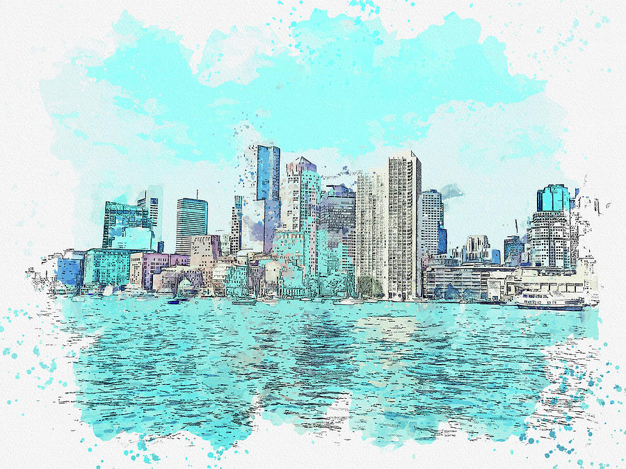 Boston Skyline, Watercolor 2021 By Ahmet Asar Digital Art
