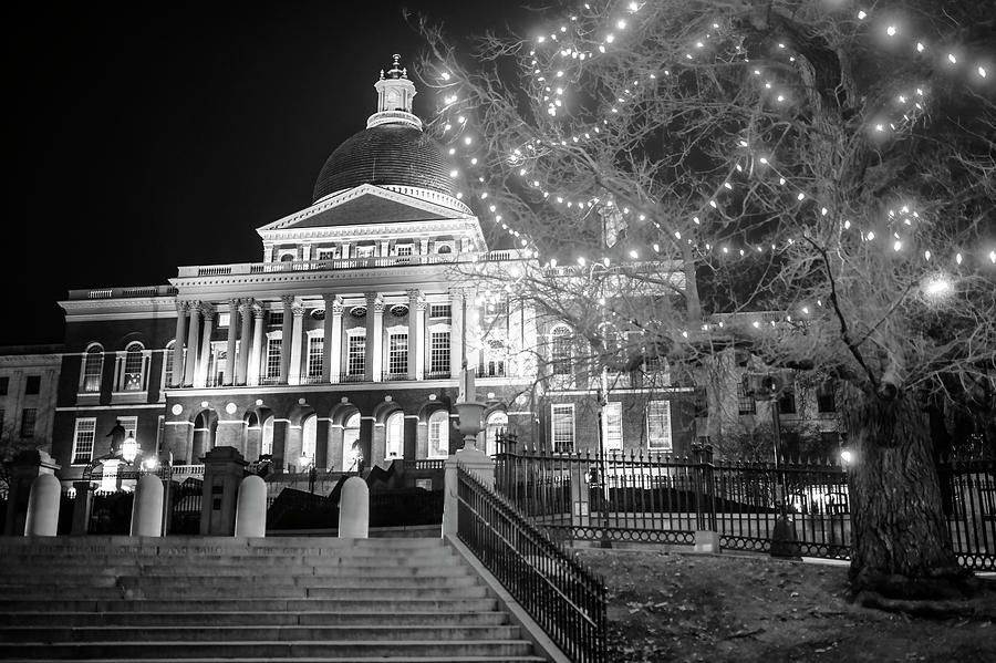 Boston Statehouse with blue Christmas Lights Black and White Photograph by Toby McGuire