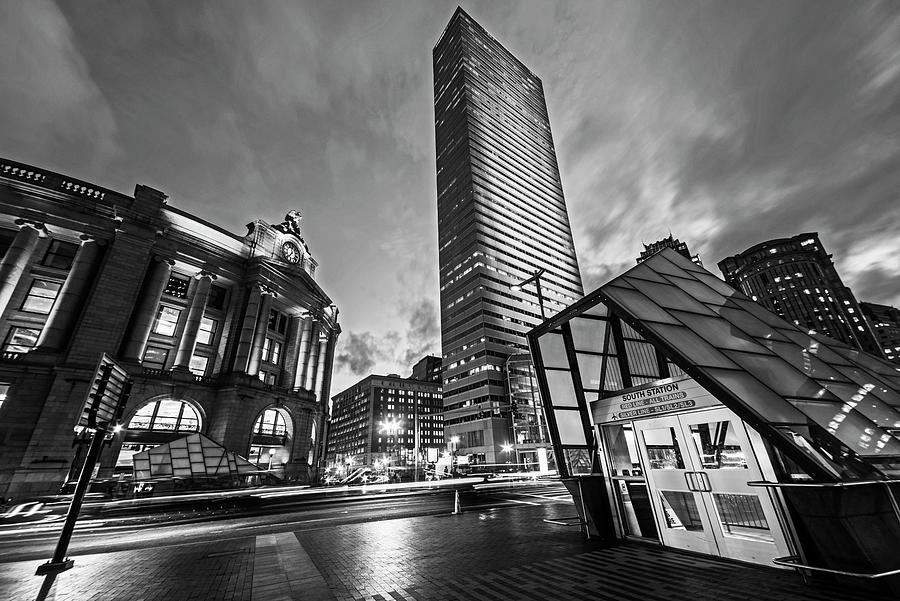 Boston Summer St South Station at Dusk Black and White Photograph by Toby McGuire