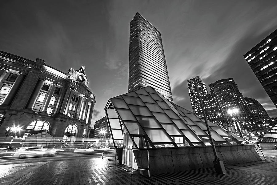 Boston Summer St South Station at Dusk Red Light Black and White Photograph by Toby McGuire