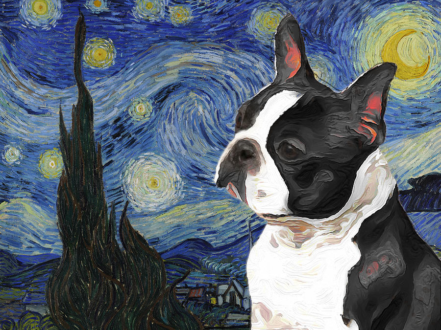 Boston Terrier Art Van Gogh Starry Night  Painting by Sandra Sij