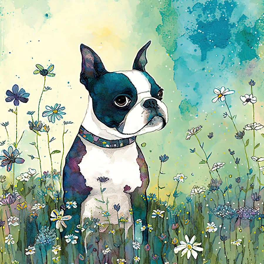 Flower Digital Art - Boston Terrier in a flower field 2 by Debbie Brown