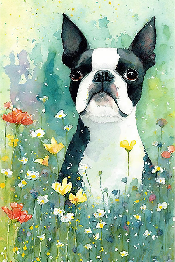 Flower Digital Art - Boston Terrier in a flower field 4 by Debbie Brown