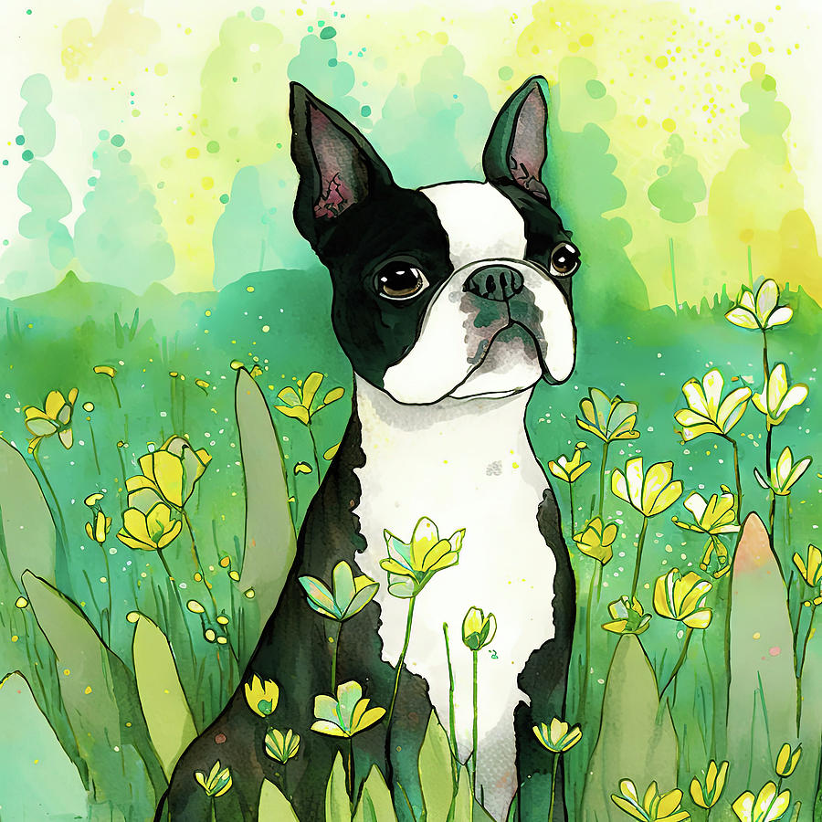 Flower Digital Art - Boston Terrier in a flower field 5 by Debbie Brown