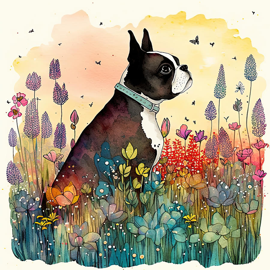 Flower Digital Art - Boston Terrier in a flower field by Debbie Brown