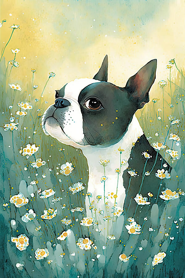 Flower Digital Art - Boston Terrier in a flower field3 by Debbie Brown