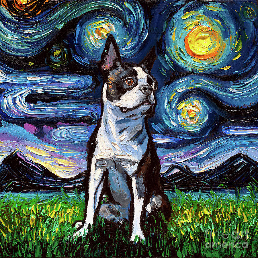 Boston Terrier Night Painting by Aja Trier