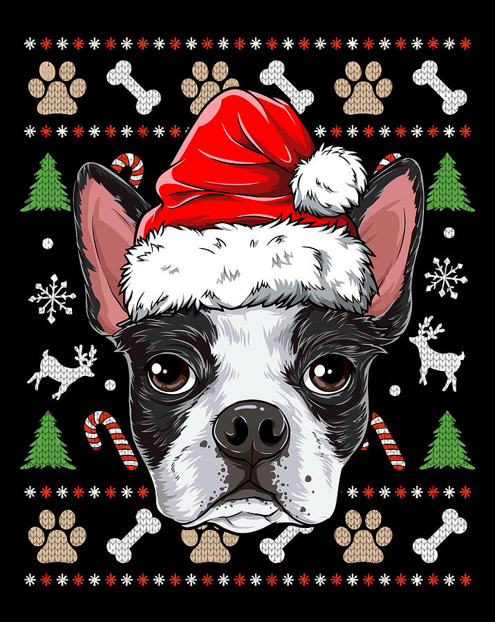 Boston Terrier Ugly Christmas Dog Santa Hat Xmas Boys Kids Digital Art ...