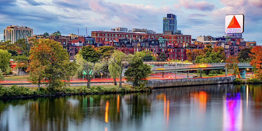 Boston Red Sox Photograph - Bostons Charles River and Citgo Sign Autumn Panorama by Gregory Ballos
