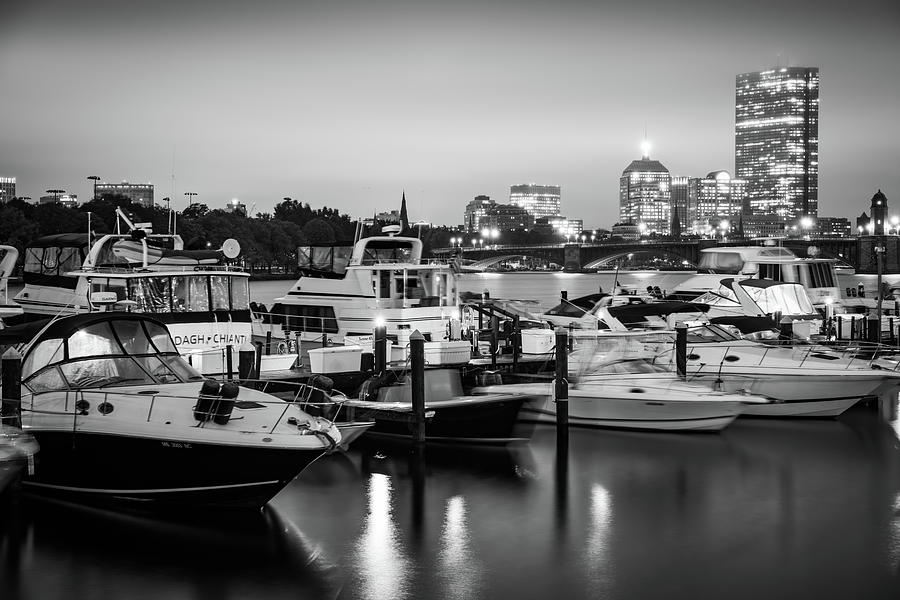 Bostons Charles River Boats On The Water - Black And White Photograph by Gregory Ballos