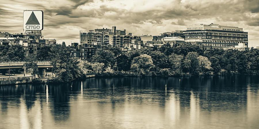 Bostons Citgo Sign Over The Charles River Panorama In Sepia Photograph by Gregory Ballos