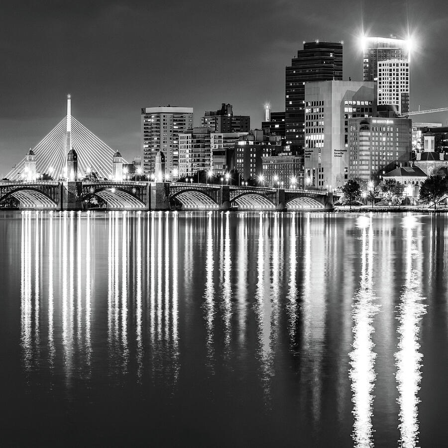 Boston Skyline Photograph - Bostons Longfellow and Bunker Hill Bridges On The Charles River - Black and White by Gregory Ballos