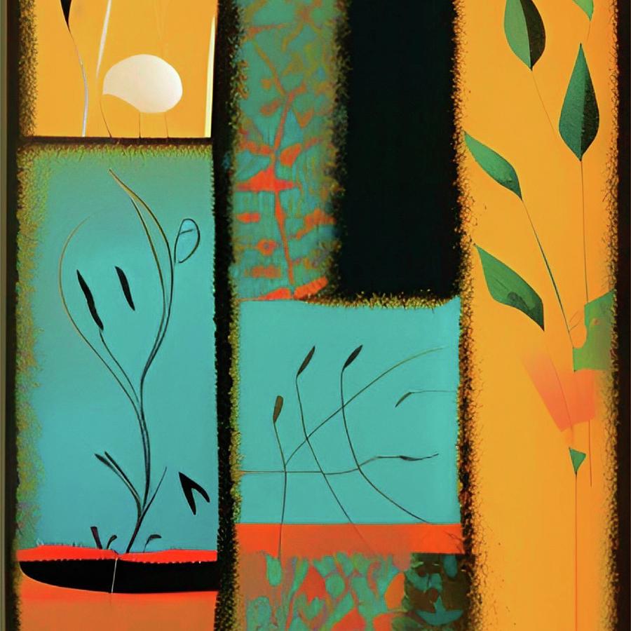 Botanical Color Blocks I - turquoise teal ochre green orange Digital Art by Bonnie Bruno