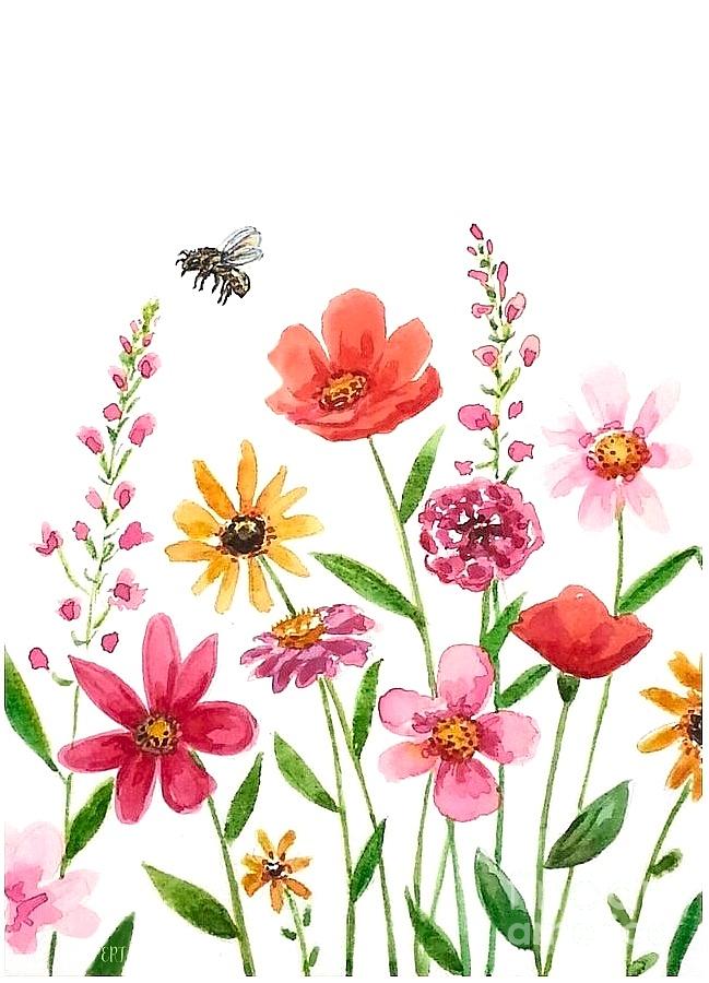 Botanical Flowers and Bees Painting by Elizabeth Robinette Tyndall