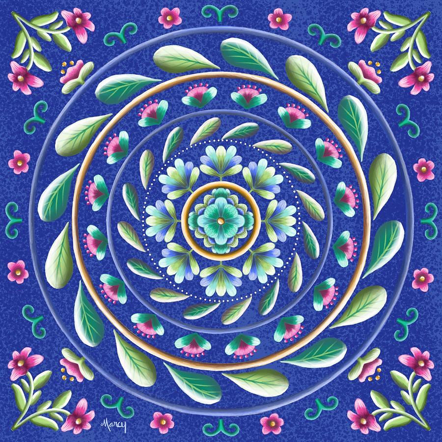 Botanical Mandala on Dk Blue Digital Art by Marcy Brennan