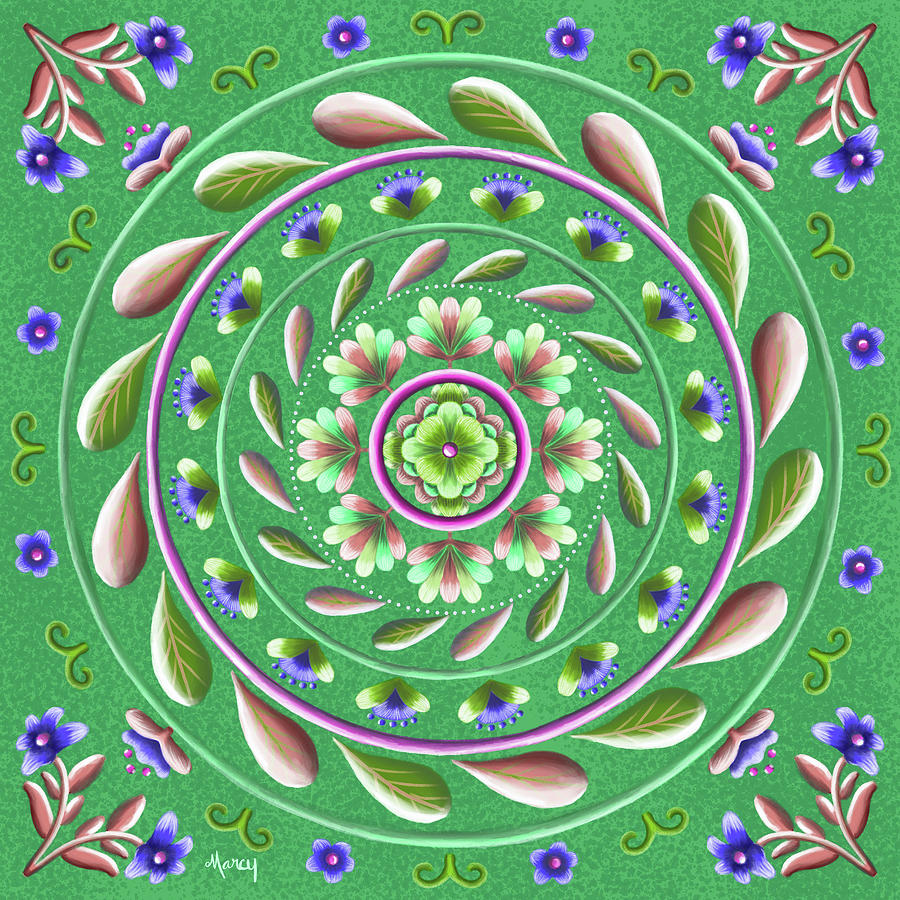 Botanical Mandala on Green Digital Art by Marcy Brennan