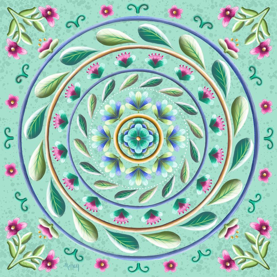 Botanical Mandala on Mint Digital Art by Marcy Brennan