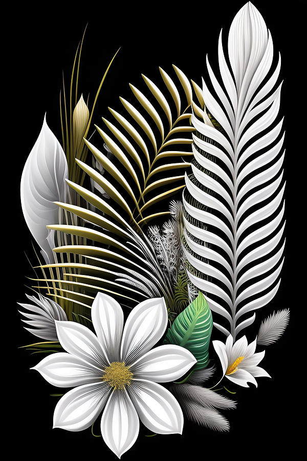 Botanical Palm Leaves on Black Background Digital Art by Lori Hutchison