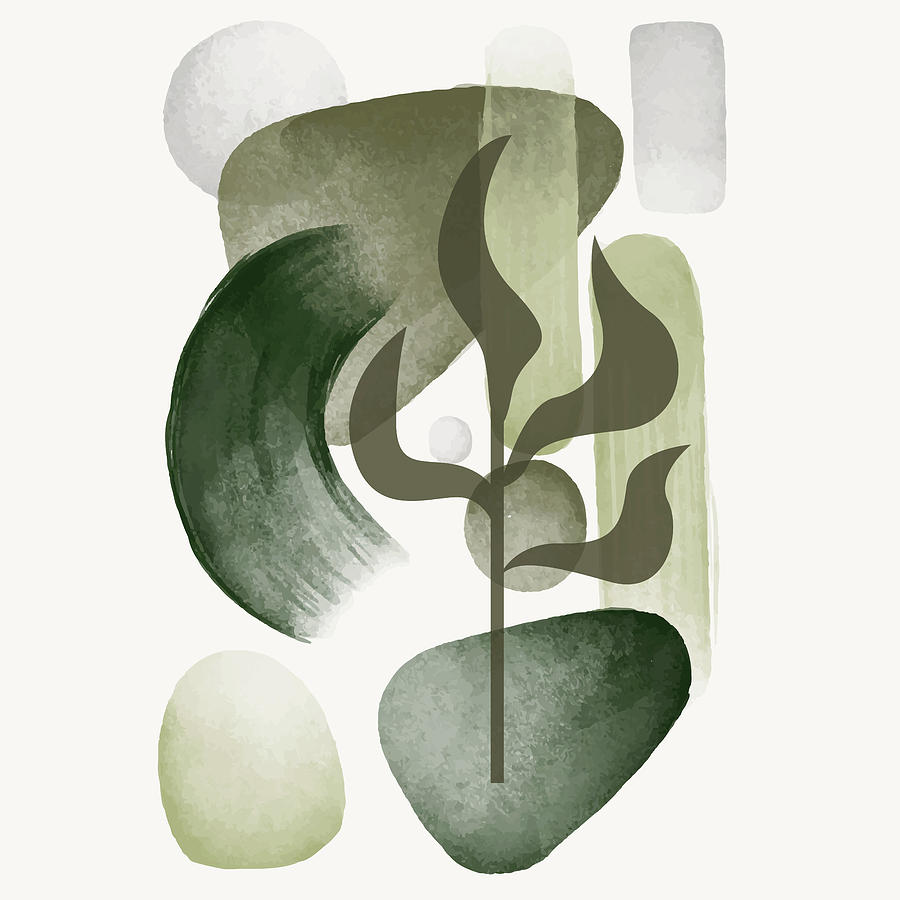 Nature Drawing - Botanical set of illustrations of tropical plants, Abstract green watercolor geometric shapes. No 01 by Mounir Khalfouf