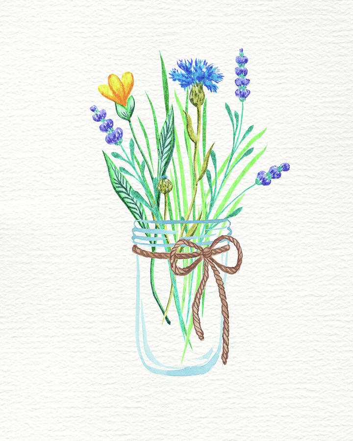 Botanical Watercolor Bunch Of Flowers In A Jar   Painting by Irina Sztukowski