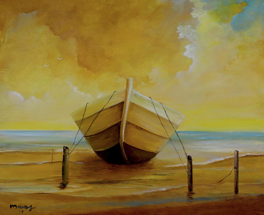 Marine Golden Boat Painting by Alicia Maury