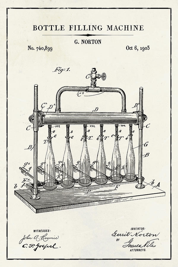 Bottle Filling Machine Blueprint Patent on Ivory Paper Wine Patent Art Digital Art by Florian Rodarte