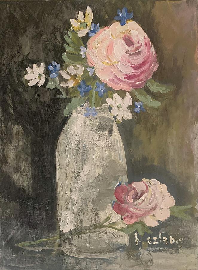 Bottle w flowers Painting by Barbara Szlanic