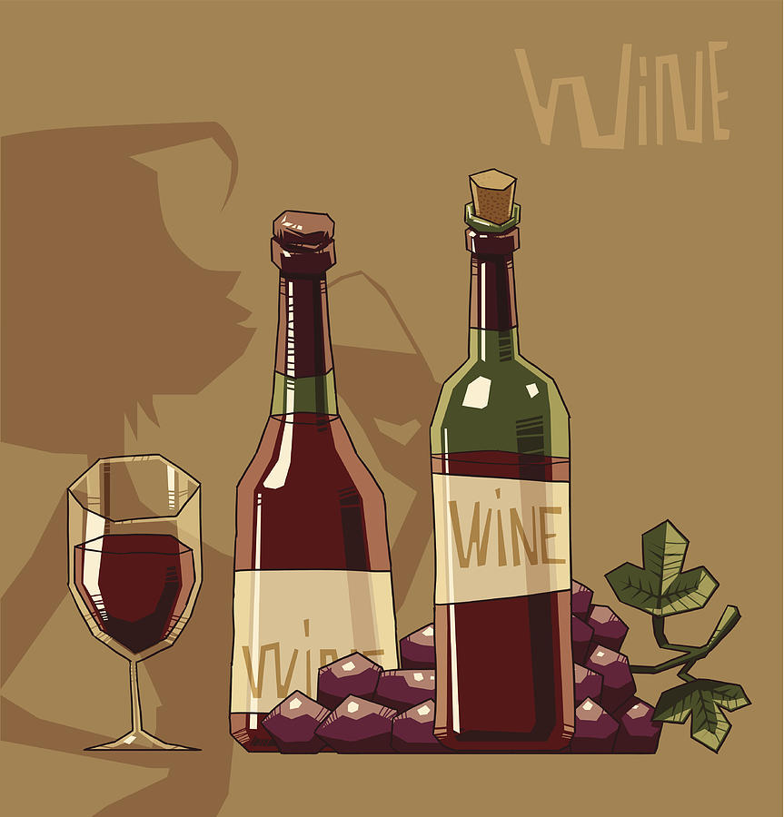 Bottles and glass of red wine Drawing by IvanNikulin