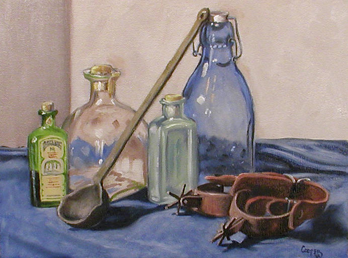 Bottles and spurs Painting by Todd Cooper