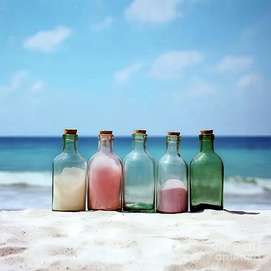 Bottles on the Beach  Digital Art by Elaine Manley