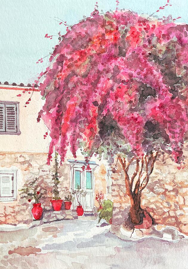 Bougainvillea and Cobblestone Streetscape Painting by Van Thi Diep Bougainvillea and Cobblestone Streetscape Painting by Van Thi Diep