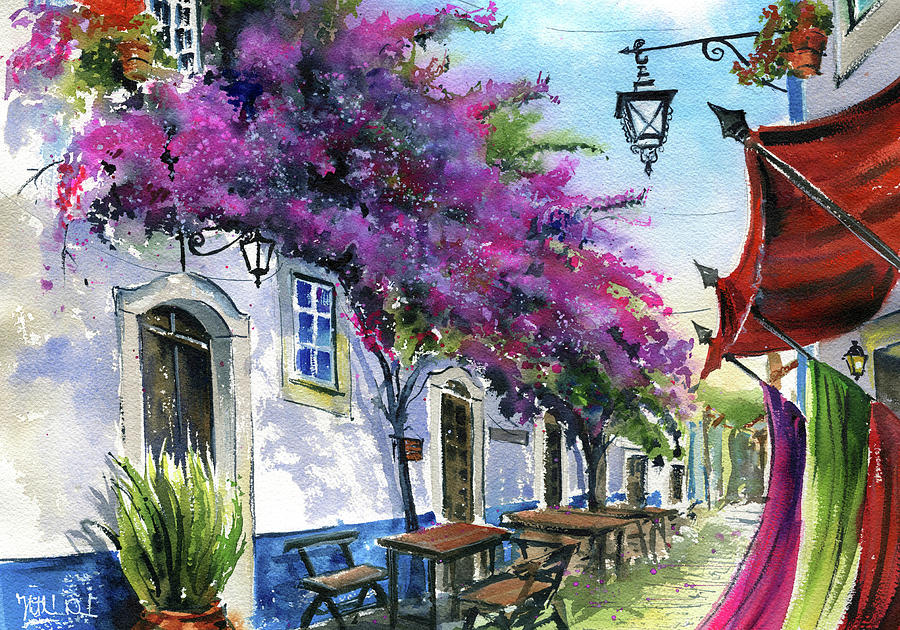 Bougainvillea in Obidos Portugal Painting by Dora Hathazi Mendes