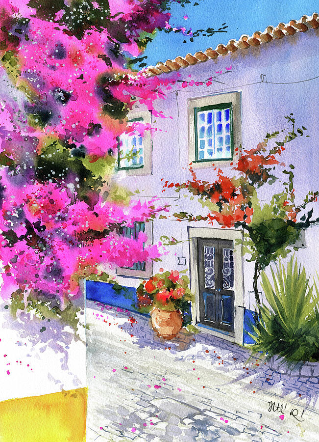 Bougainvilleas of Obidos Portugal Painting Painting by Dora Hathazi Mendes
