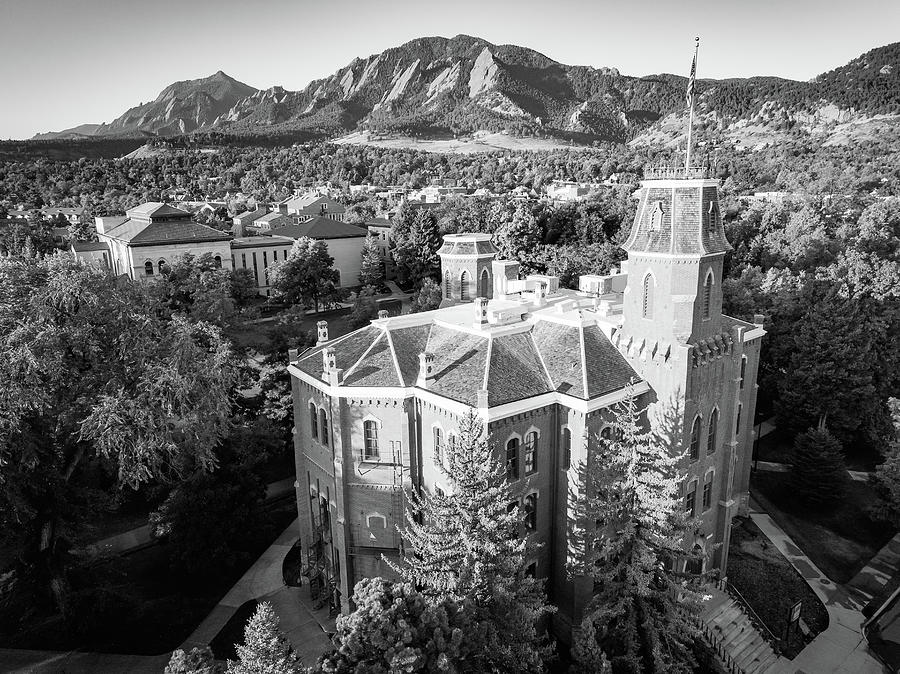 Boulder Colorado Flatiron Mountains Over Old Main Black And White