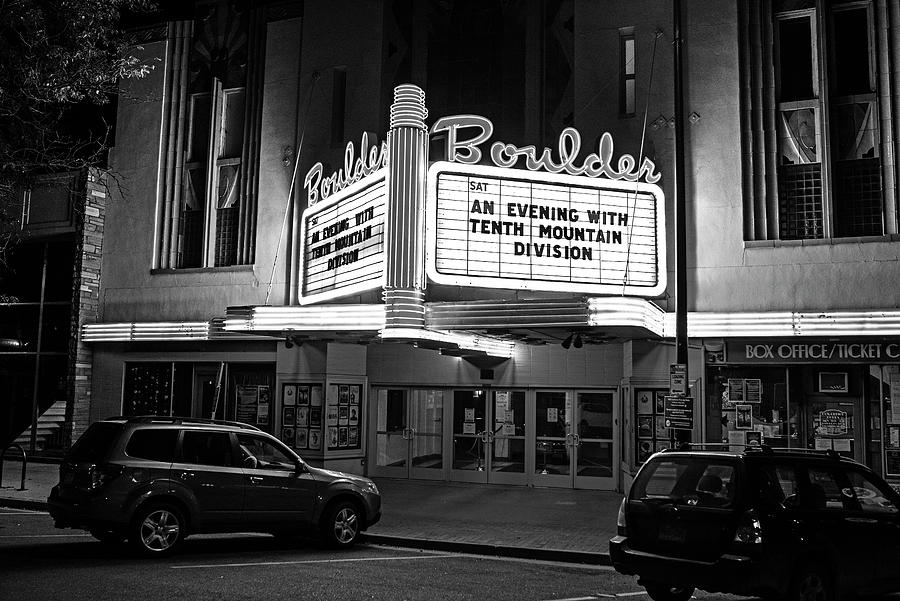 Boulder Colorado Movie Theater at Night 14th Street Downtown Black and White Photograph by Toby McGuire