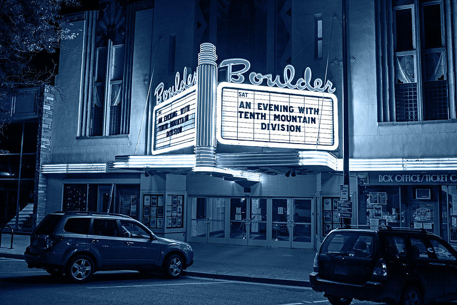 Boulder Colorado Movie Theater at Night 14th Street Downtown Monochrome Blue Nights Photograph by Toby McGuire