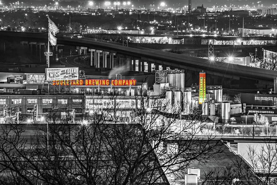 Boulevard Brewing Neon And Iconic Smokestack - Selective Color Photograph by Gregory Ballos