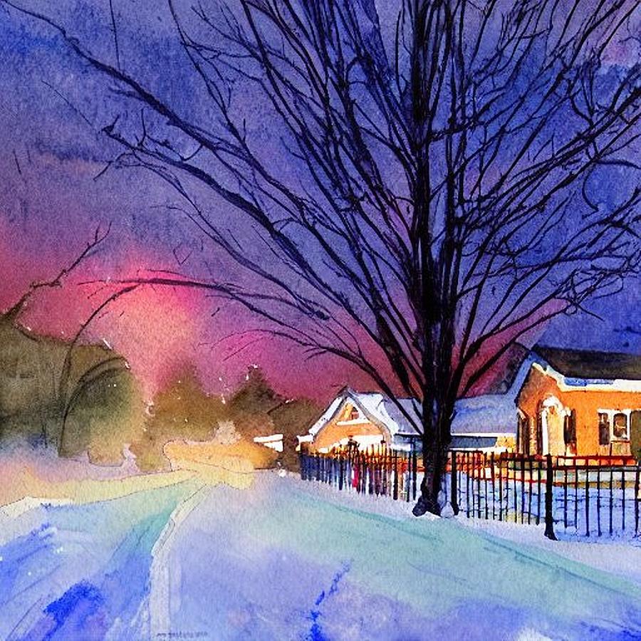 Boulevard on a Wintry Night, Pequannock New Jersey Painting by Christopher Lotito