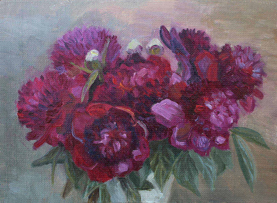 Bouquet of Crimson Red Peonies Painting by Alina Malykhina