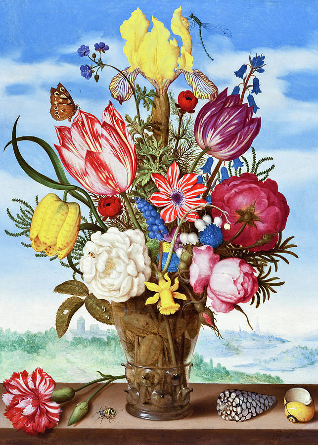 Bouquet of Flowers on a Ledge - high resolution - digitally enhanced Painting by Ambrosius Bosschaert