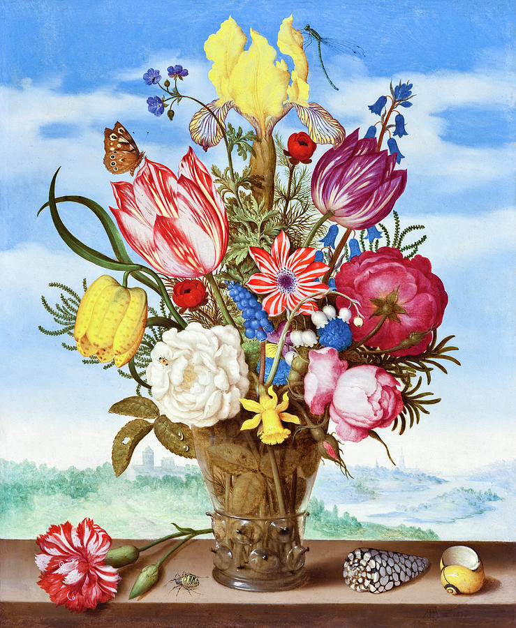 Bouquet of Flowers on a Ledge Vintage Art Painting by Ambrosius Bosschaert