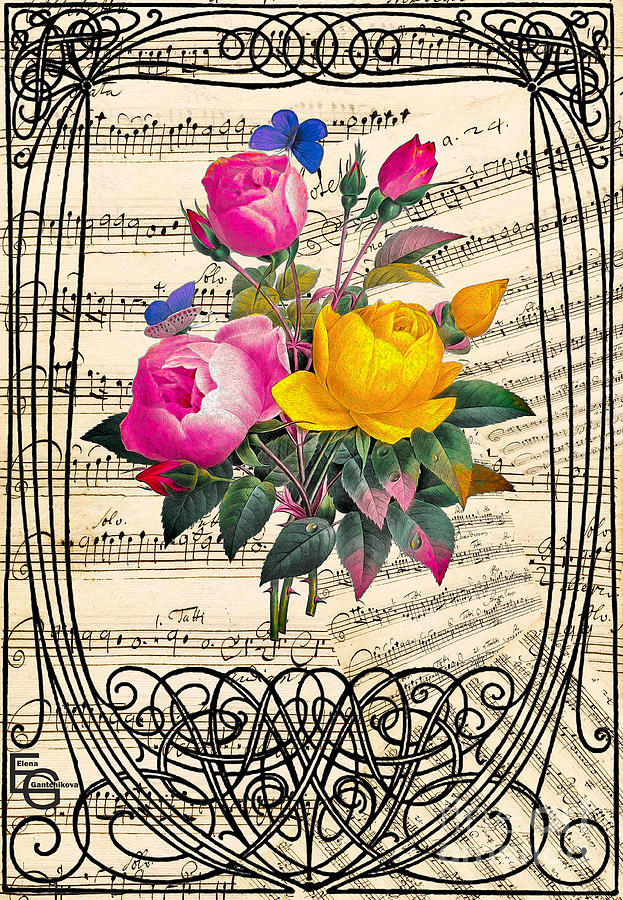 Bouquet of roses framed by an art nouveau ornament, belle epoque, on a musical score. Mixed Media by Elena Gantchikova