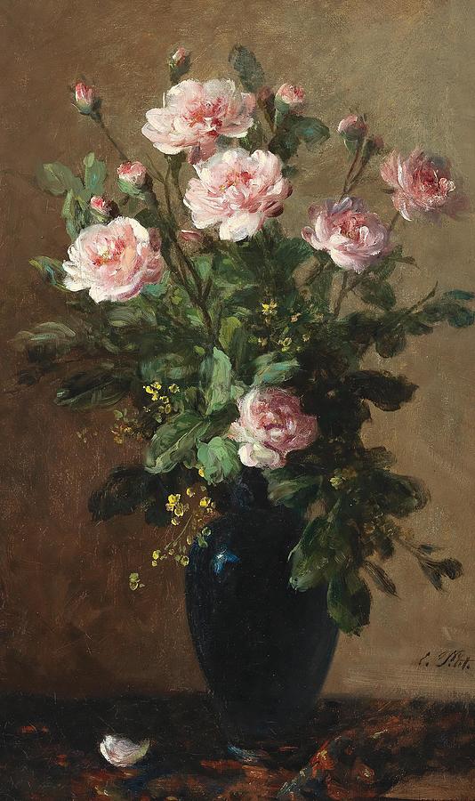 Pierre Auguste Renoir Drawing - Bouquet of Roses in a Vase art by Eugene Petit French